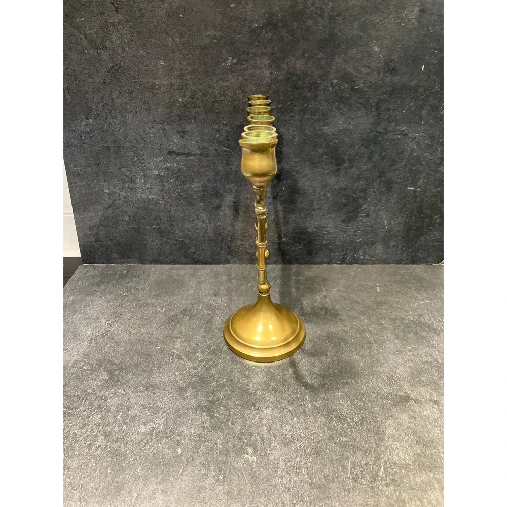 Vintage Brass 7-Arm Menorah: Bamboo‎ Style Hanukkah Candelabra